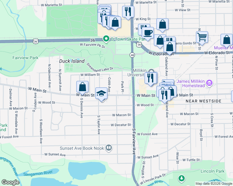 map of restaurants, bars, coffee shops, grocery stores, and more near 1396 West Main Street in Decatur