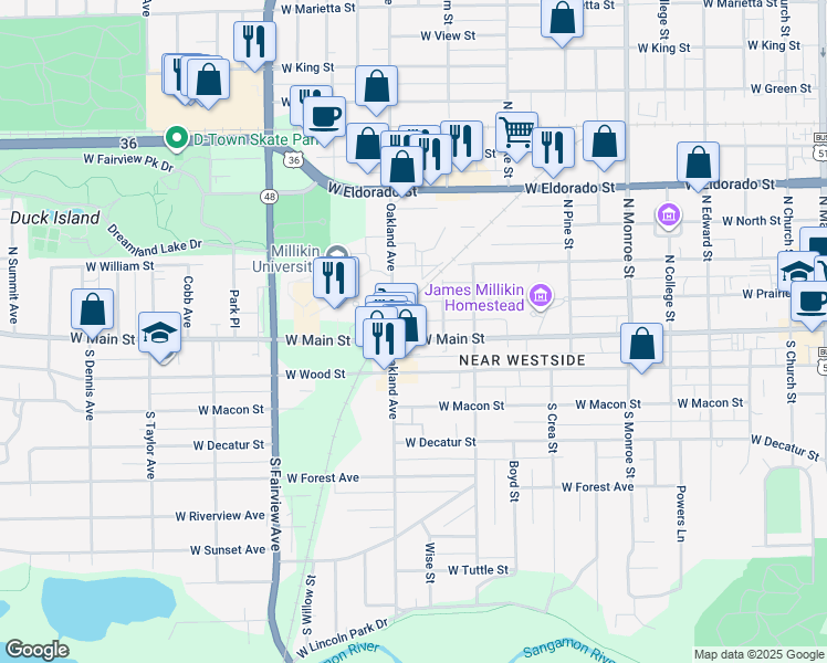 map of restaurants, bars, coffee shops, grocery stores, and more near 100-298 North Oakland Avenue in Decatur