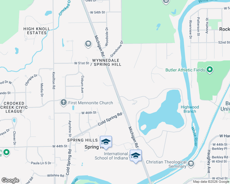 map of restaurants, bars, coffee shops, grocery stores, and more near 4701 North Michigan Road in Indianapolis