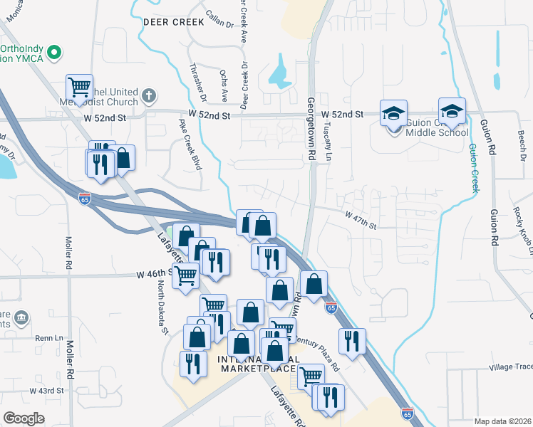 map of restaurants, bars, coffee shops, grocery stores, and more near 4650 Oakhurst Place in Indianapolis