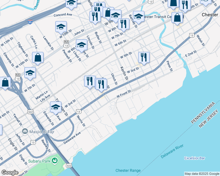 map of restaurants, bars, coffee shops, grocery stores, and more near 843 Mary Street in Chester