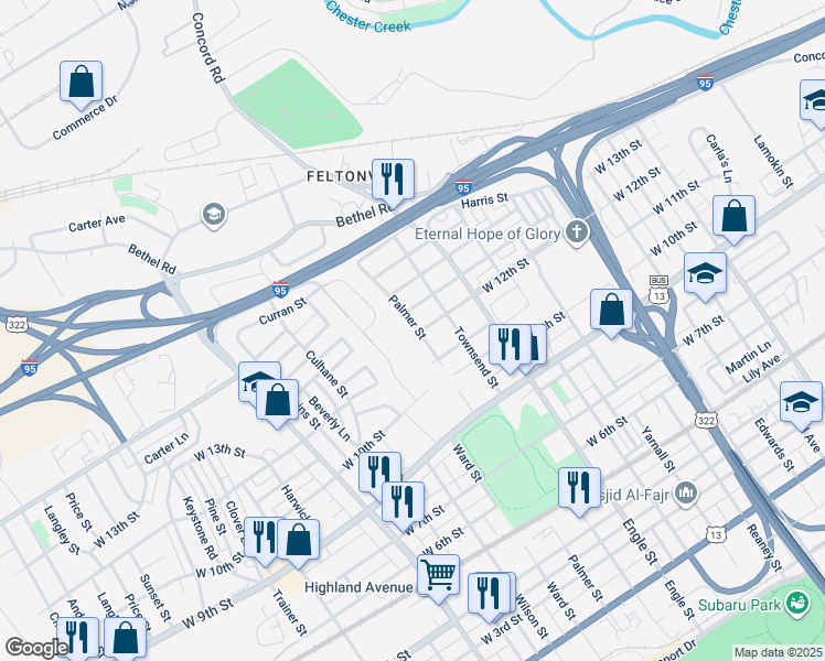 map of restaurants, bars, coffee shops, grocery stores, and more near 1202 Palmer Street in Chester