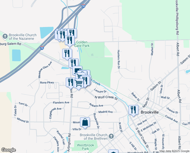 map of restaurants, bars, coffee shops, grocery stores, and more near Wolf Creek Recreation Trail in Brookville