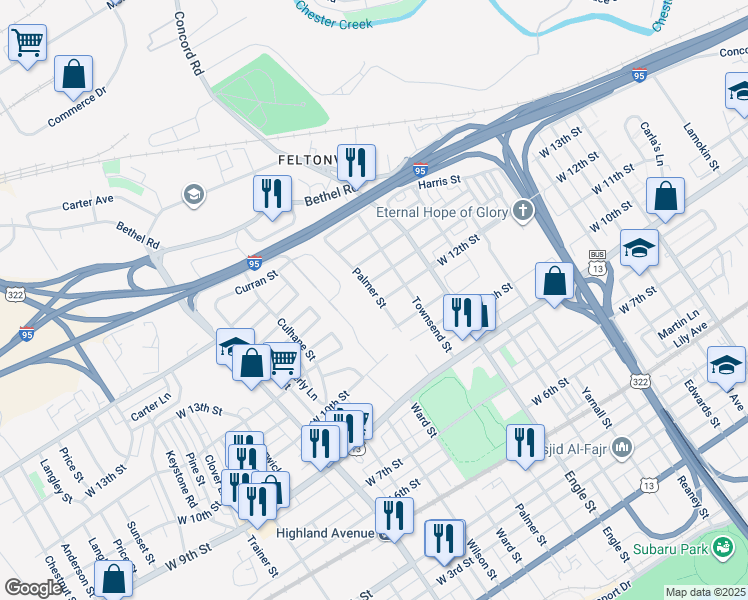 map of restaurants, bars, coffee shops, grocery stores, and more near 1202 Palmer Street in Chester