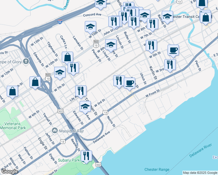 map of restaurants, bars, coffee shops, grocery stores, and more near 339 Lamokin Street in Chester