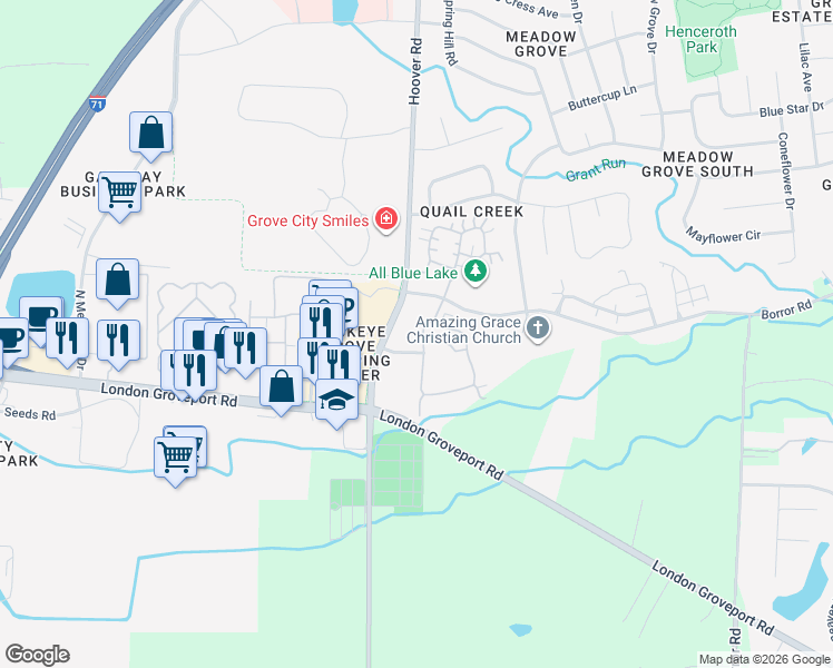 map of restaurants, bars, coffee shops, grocery stores, and more near 5951 Landings Pond Place in Grove City
