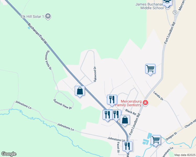 map of restaurants, bars, coffee shops, grocery stores, and more near 5528 Oakwood Drive in Mercersburg
