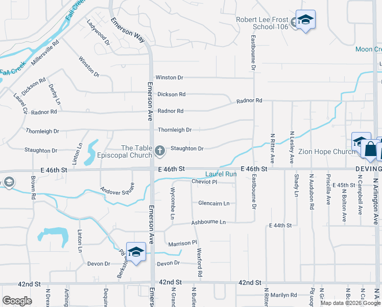 map of restaurants, bars, coffee shops, grocery stores, and more near 5205 Staughton Drive in Indianapolis