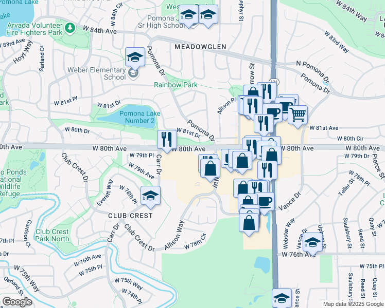 map of restaurants, bars, coffee shops, grocery stores, and more near 8170 West 80th Avenue in Arvada