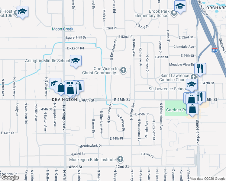 map of restaurants, bars, coffee shops, grocery stores, and more near 4629 North Kenmore Road in Indianapolis