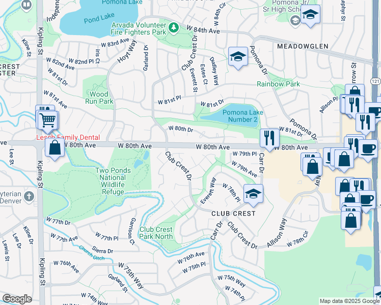 map of restaurants, bars, coffee shops, grocery stores, and more near 7980 Estes Court in Arvada