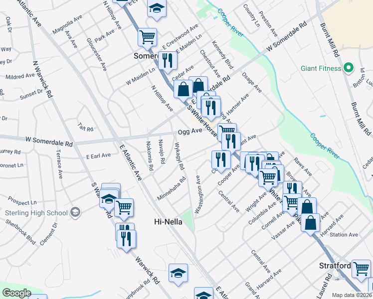 map of restaurants, bars, coffee shops, grocery stores, and more near 105 South Hilltop Avenue in Somerdale