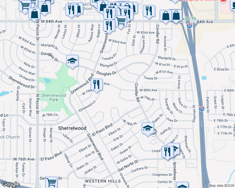 map of restaurants, bars, coffee shops, grocery stores, and more near 680 West 79th Place in Denver