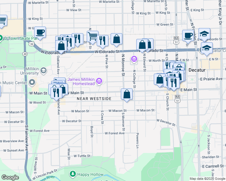 map of restaurants, bars, coffee shops, grocery stores, and more near 720 West Main Street in Decatur