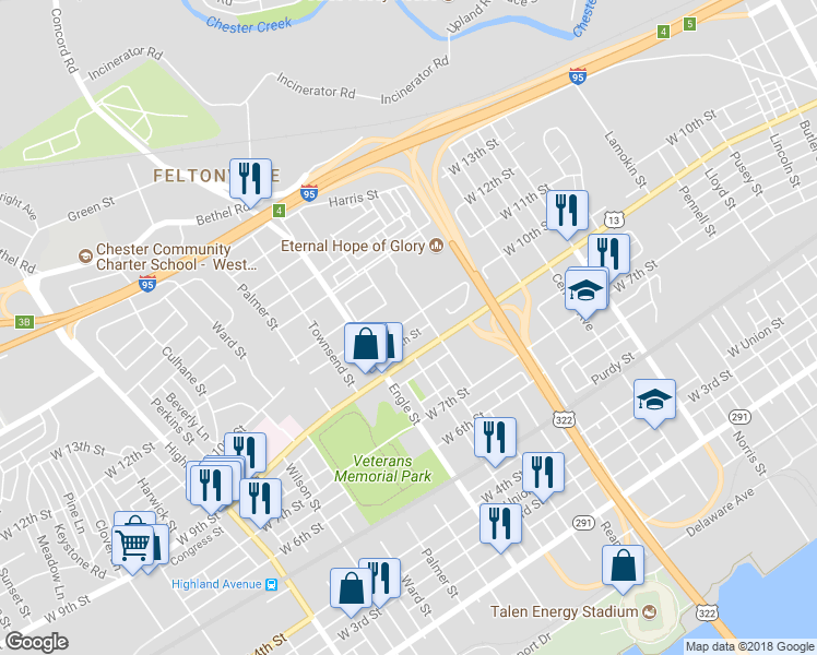 map of restaurants, bars, coffee shops, grocery stores, and more near 2023 West 10th Street in Chester