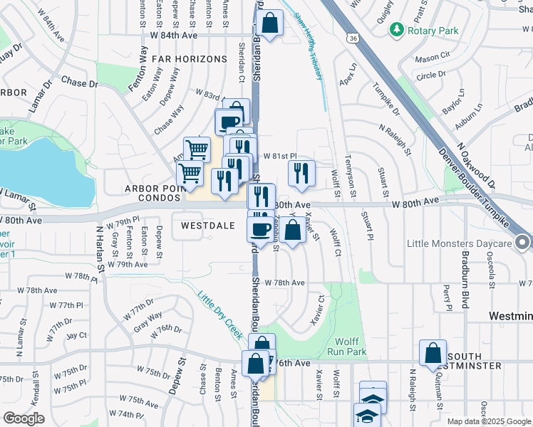 map of restaurants, bars, coffee shops, grocery stores, and more near 5150 West 80th Avenue in Westminster