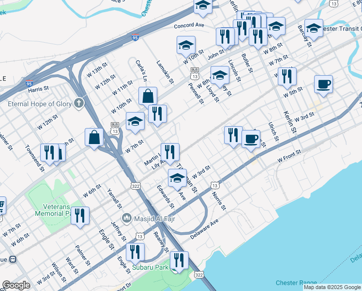 map of restaurants, bars, coffee shops, grocery stores, and more near 523 Norris Street in Chester