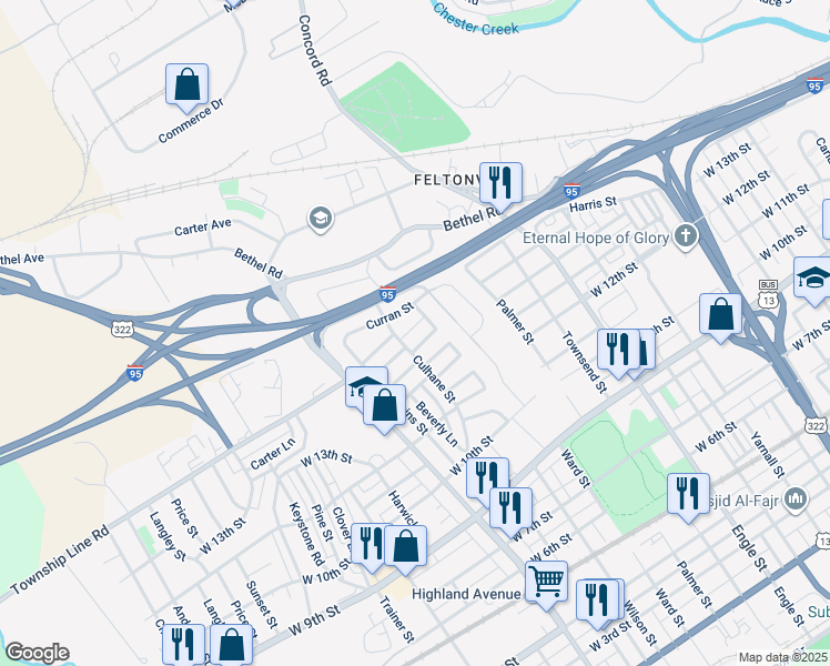 map of restaurants, bars, coffee shops, grocery stores, and more near 2609 Kane Street in Chester