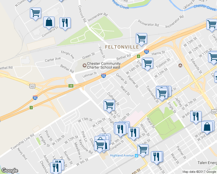 map of restaurants, bars, coffee shops, grocery stores, and more near 2609 Kane Street in Chester