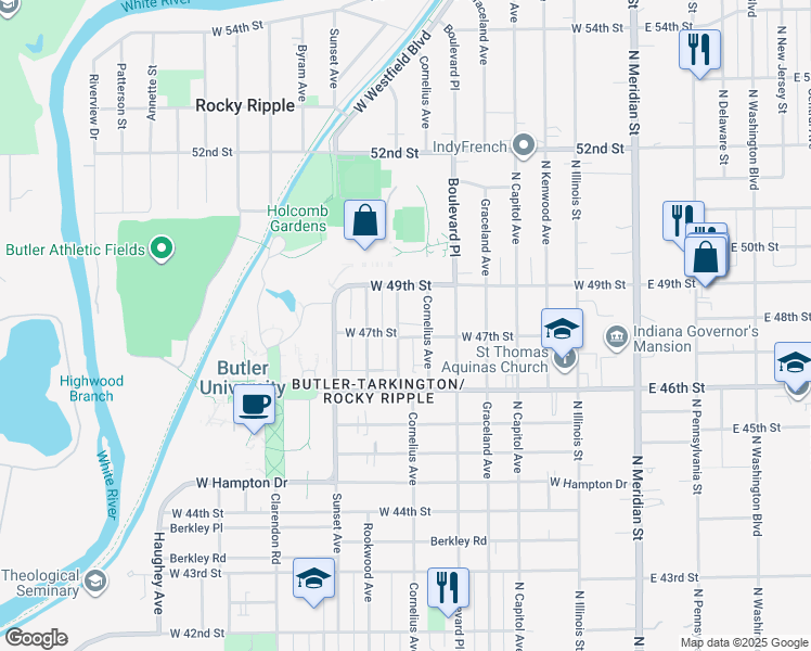 map of restaurants, bars, coffee shops, grocery stores, and more near 4719 Hinesley Avenue in Indianapolis