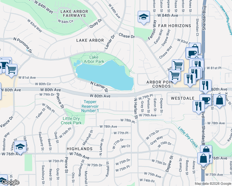 map of restaurants, bars, coffee shops, grocery stores, and more near 6288 West 80th Place in Arvada
