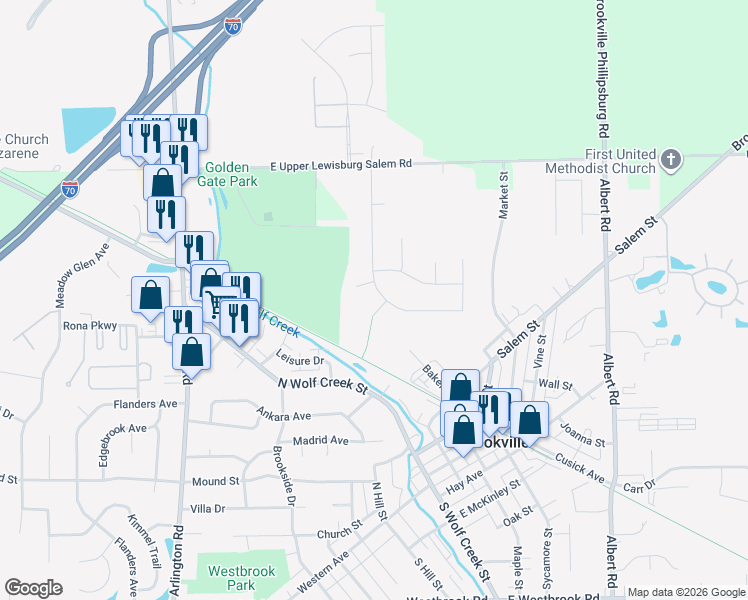 map of restaurants, bars, coffee shops, grocery stores, and more near in Brookville