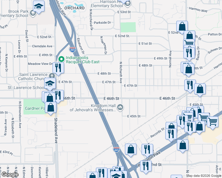 map of restaurants, bars, coffee shops, grocery stores, and more near 4611 North Hartman Drive in Indianapolis