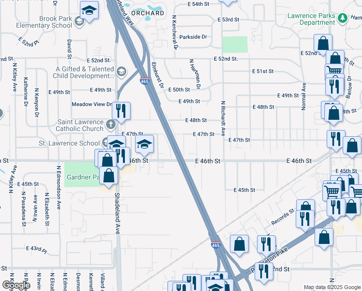 map of restaurants, bars, coffee shops, grocery stores, and more near 4613 North Kercheval Drive in Indianapolis