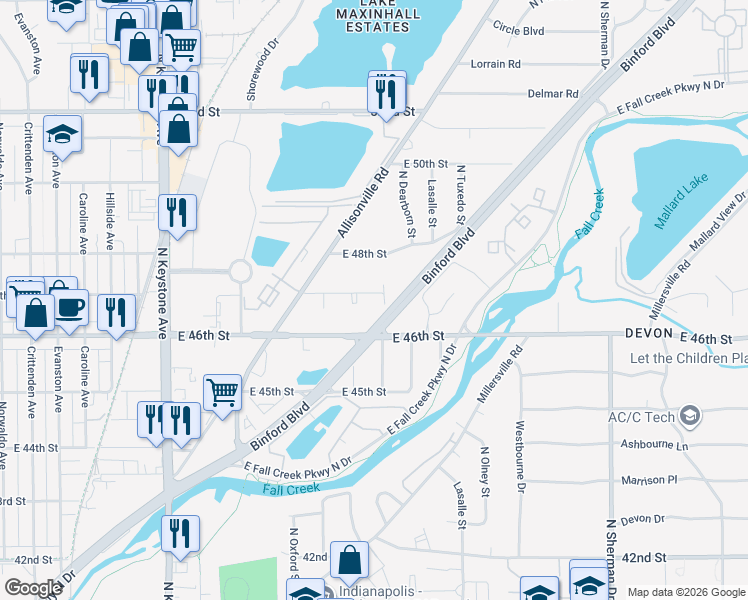 map of restaurants, bars, coffee shops, grocery stores, and more near 3011 East 47th Street in Indianapolis