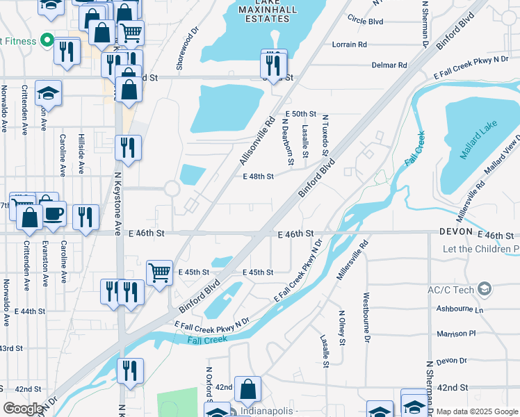 map of restaurants, bars, coffee shops, grocery stores, and more near 3011 East 47th Street in Indianapolis