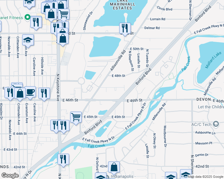 map of restaurants, bars, coffee shops, grocery stores, and more near 2917 East 47th Street in Indianapolis