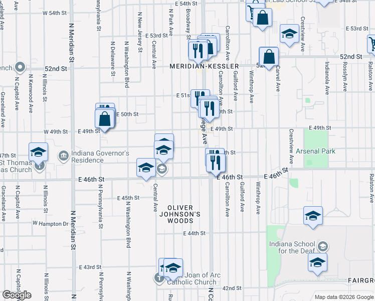 map of restaurants, bars, coffee shops, grocery stores, and more near 4729 Broadway Street in Indianapolis