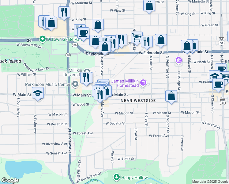 map of restaurants, bars, coffee shops, grocery stores, and more near 1052 West Main Street in Decatur