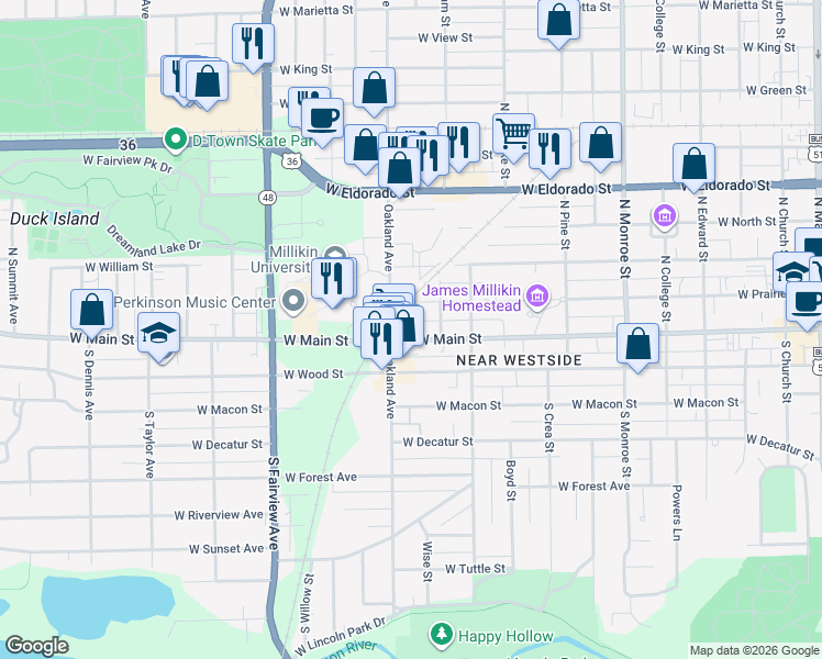 map of restaurants, bars, coffee shops, grocery stores, and more near 100-298 North Oakland Avenue in Decatur