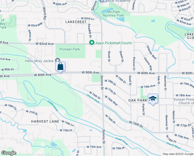 map of restaurants, bars, coffee shops, grocery stores, and more near 7951 Simms Street in Arvada