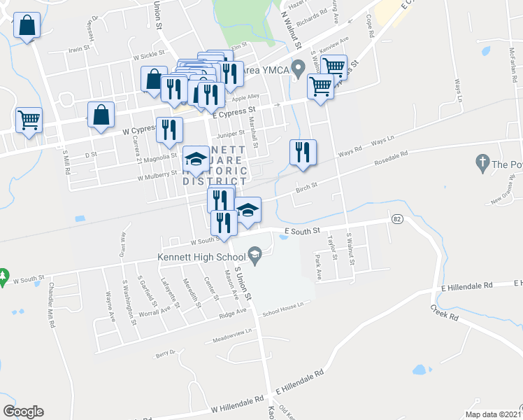 map of restaurants, bars, coffee shops, grocery stores, and more near 216 Birch Street in Kennett Square