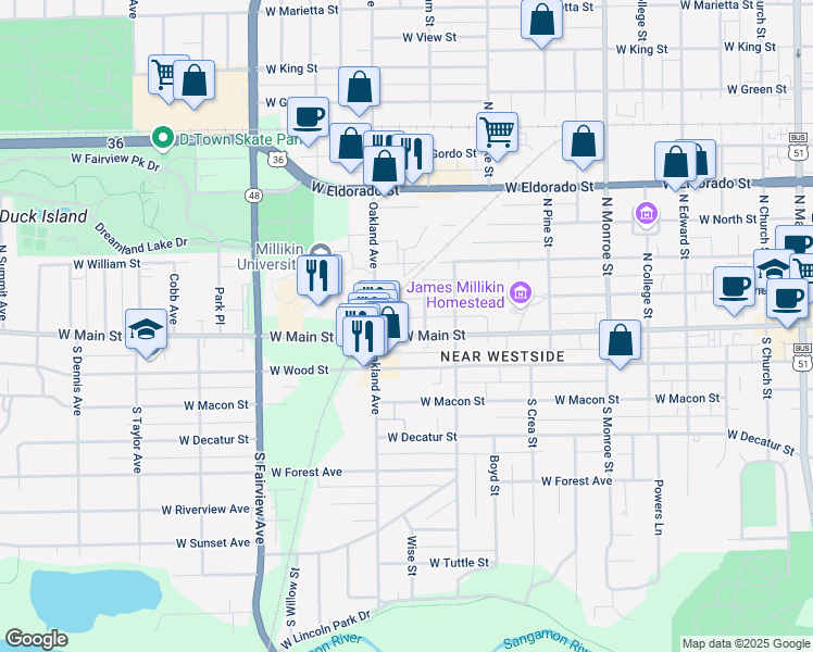 map of restaurants, bars, coffee shops, grocery stores, and more near 1052 West Main Street in Decatur