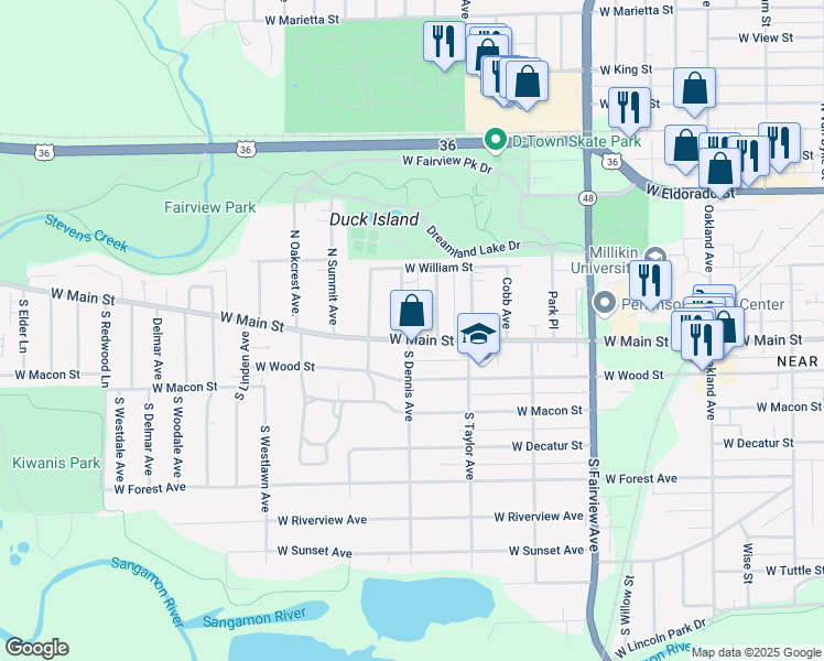 map of restaurants, bars, coffee shops, grocery stores, and more near 124 North Dennis Avenue in Decatur