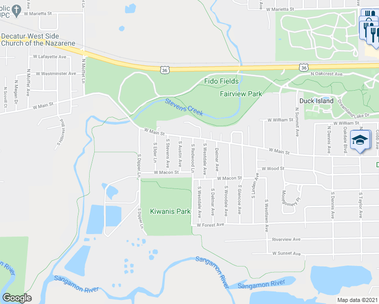 map of restaurants, bars, coffee shops, grocery stores, and more near 175 South Redwood Lane in Decatur