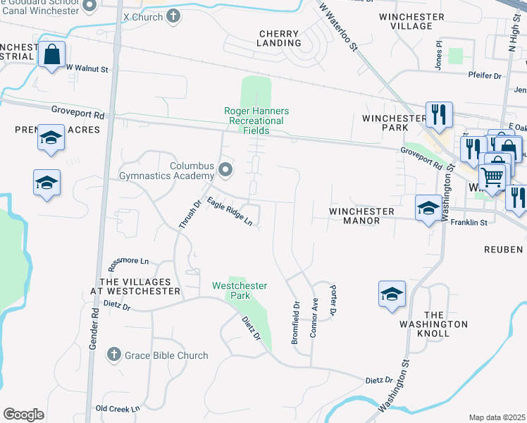 map of restaurants, bars, coffee shops, grocery stores, and more near 6689 Eagle Ridge Lane in Canal Winchester