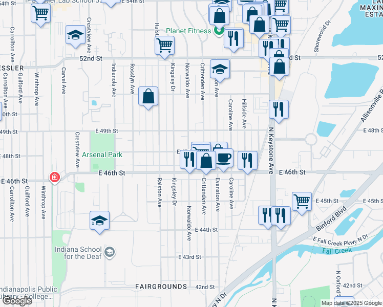 map of restaurants, bars, coffee shops, grocery stores, and more near 4655 Norwaldo Avenue in Indianapolis