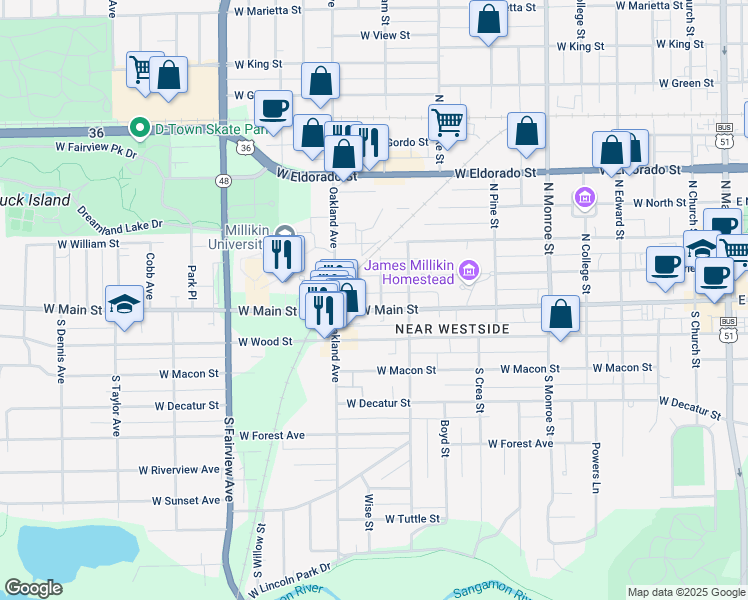 map of restaurants, bars, coffee shops, grocery stores, and more near 1052 West Main Street in Decatur