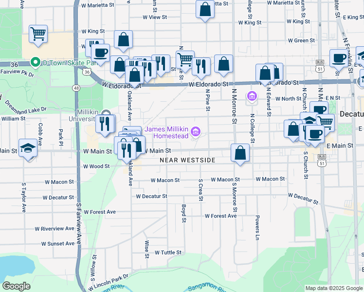 map of restaurants, bars, coffee shops, grocery stores, and more near 904 West Main Street in Decatur