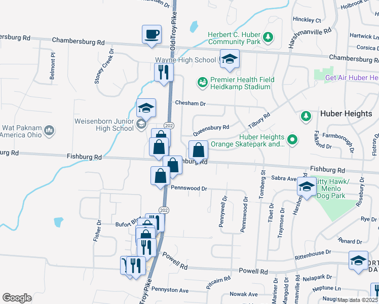 map of restaurants, bars, coffee shops, grocery stores, and more near 4960 Tilbury Road in Dayton