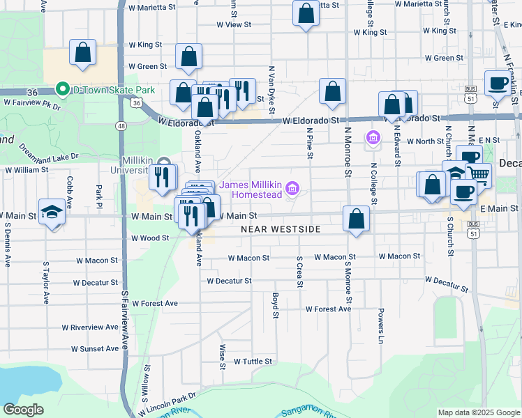 map of restaurants, bars, coffee shops, grocery stores, and more near 934 West Main Street in Decatur
