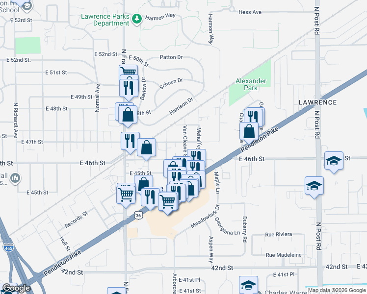 map of restaurants, bars, coffee shops, grocery stores, and more near 8245 East 47th Street in Indianapolis