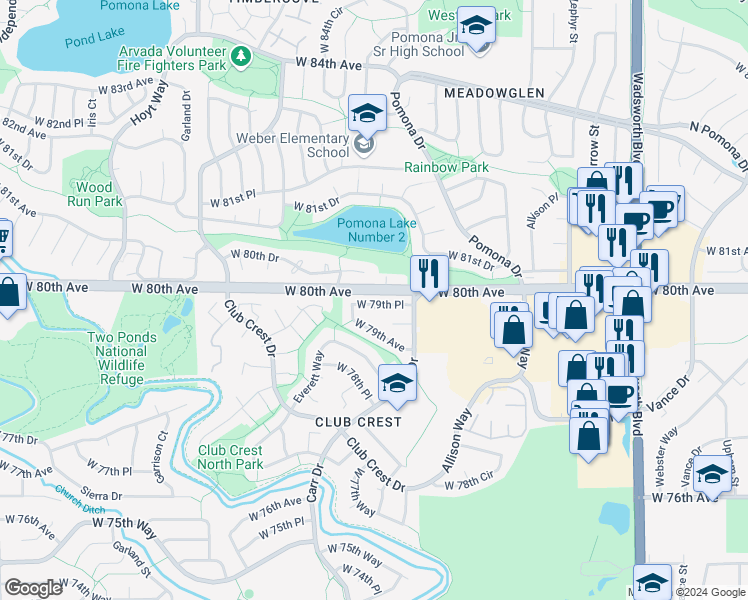 map of restaurants, bars, coffee shops, grocery stores, and more near 8577 West 79th Place in Arvada