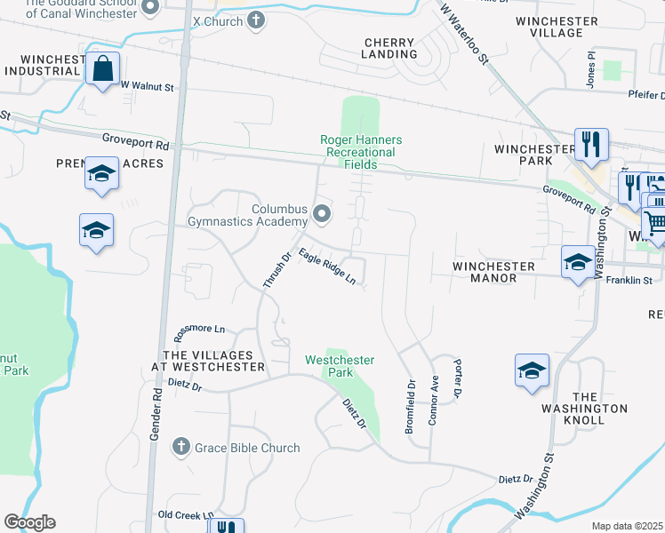 map of restaurants, bars, coffee shops, grocery stores, and more near 6619 Eagle Ridge Lane in Canal Winchester