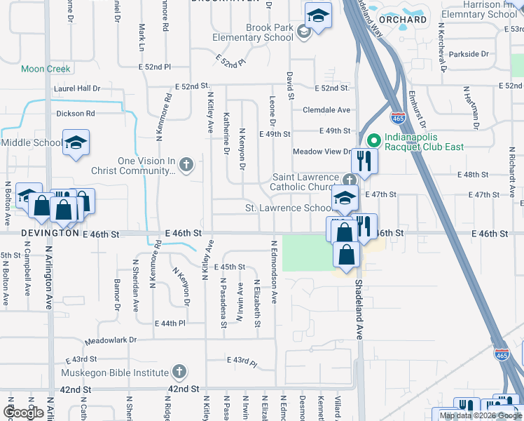 map of restaurants, bars, coffee shops, grocery stores, and more near 6722 Brookhaven Drive in Lawrence