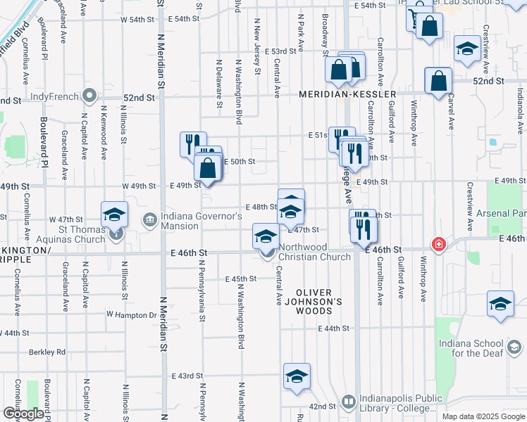 map of restaurants, bars, coffee shops, grocery stores, and more near 419 East 48th Street in Indianapolis